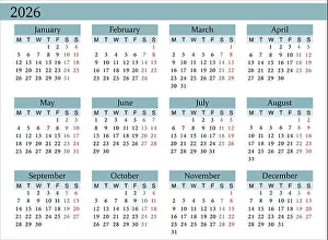 Calender Prints: 2026 Yearly Calendar Vector in Blue, Monday Start, Clean Design, Printable Template