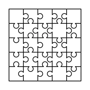 Join Prints: 25 white puzzles pieces arranged in a square