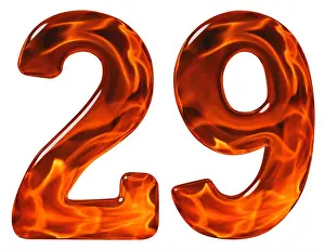 Imitation Prints: 29, twenty nine, numeral, imitation glass and a blazing fire, isolated on white background