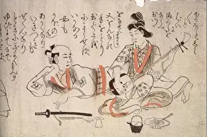 334 Kanbun Master - Courtesan and Lover, hand colored woodblock print of chûban size, c. 1660