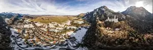 360 Photo Prints: 360 Aerial panorama drone shot of picturesque Neuschwanstein Castle on snowy hill in winter sunlight in Germany