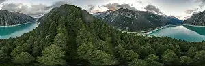 360 Photo Prints: 360 Aerial panorama drone shot of Schlegeisspeicher resevoir with galcier view at dusk
