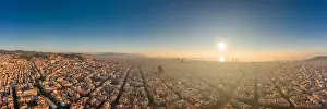 360 Photo Prints: 360 aerial panorama drone shot of skyline in Barcelona city center in foggy sunrise golden hour in Spain winter