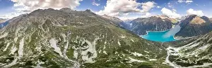 Water Fall Prints: 360 aerial panorama view of Glacier reservoir in Zillertal Alps in Austria