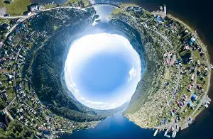 Green House Prints: 360 degree panoramic aerial drone view of of an abstract world turned inside out planet earth with nature