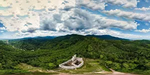 High Point View Prints: 360-degree panoramic aerial view from drone to Vosges mountains and ruins of medieval castle Spesbourg