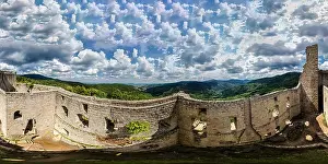 High Point View Prints: 360-degree panoramic aerial view from drone to Vosges mountains and ruins of medieval castle Spesbourg