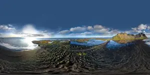 Stokksnes Prints: 360 degrees Icelandic aerial landscape of the black sand beach in Stokksnes