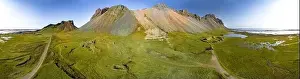 360 degrees Icelandic aerial landscape with a viking village in Stokksnes