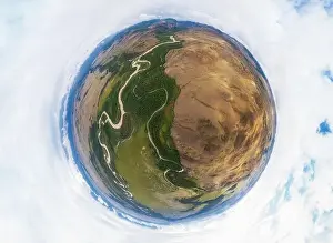 Altay Prints: 360 drone panoramic picture in Kurai steppe and Chuya river on North-Chui ridge background