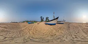 Spherical Panorama Prints: 360 hdri panorama near old fishing boats in sand on ocean or sea at sunset in equirectangular spherical seamless