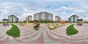 Spherical Prints: 360 hdri panorama near playground in middle of modern multi-storey multi-apartment residential complex of urban