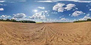 Spherical Prints: 360 hdri panorama view on no traffic gravel dirt muddy road among fields in spring day with beautiful clouds in blue