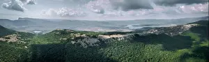 360 panorama aerial view of valley with lake among mountains in summer