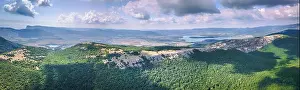 360 panorama aerial view of valley with lake among mountains in summer