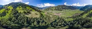 360 Photo Prints: 360 Panorama Aerial view of Zillertal Valley village in sunny summer afternoon in Tyrol Austria