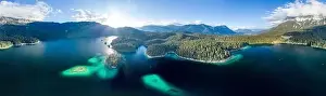 Garmisch Prints: 360 Panoramic aerial view of Eibsee lake by Zugspitze in Germany summer before sunset