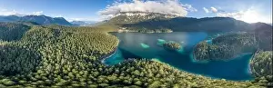 Garmisch Prints: 360 Panoramic aerial view of Eibsee lake by Zugspitze in Germany summer before sunset