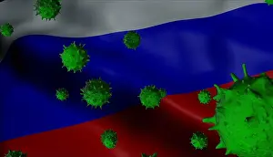 Deadly Prints: 3D animation of Russia waving flag with greem viruses (Coronavirus Concept)
