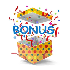 Desire Prints: 3D of bonus symbol springing out from a gift box on white background