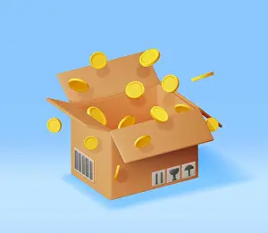 Donation Prints: 3D Cardboard Box with Gold Coins Inside Isolated