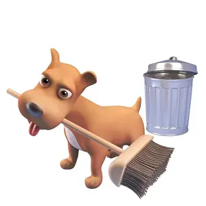 Sweeping Prints: 3d cartoon puppy dog character sweeping with a broom near a trash can