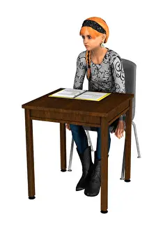 Schoolchild Prints: 3D digital render of a teen girl sitting at a school desk isolated on white background
