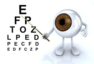 3d eye with arms and legs with a rod shows the letters of the table optometric
