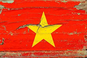 3D Flag of Vietnam on a old wood wall background