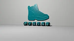 Spectacles Prints: 3D graphical image of hiking vertically along with text built by metallic cubic letters from the top perspective
