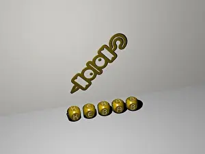 Dice Prints: 3D graphical image of kebab vertically along with text built by metallic cubic letters from the top perspective