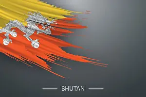 Bhutan Prints: 3d grunge brush stroke flag of Bhutan, Template poster design