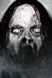 Nightmare Prints: 3d illustration of close up scary ghost woman, Horror background mixed media