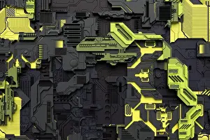 Molecule Prints: 3d illustration close-up of a military technological upholstery made of metal