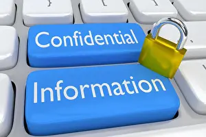 Folder Prints: 3D illustration of computer keyboard with the script 'Confidential Information' on two adjacent pale blue