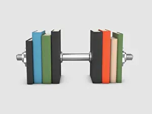 Dumbbell Prints: 3d Illustration of dumbbell and stack of books for the concept of learning to be fit and healthy