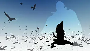 Togetherness Prints: 3D illustration - Flock of birds flying across the screen