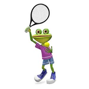 Curiosity Prints: 3D Illustration Frog with Tennis Racket on a White Background