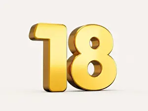 Eighteen Prints: 3d illustration of golden number 18 or eighteen isolated on beige background with shadow