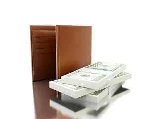 Debit Prints: 3d illustration. Leather wallet with stack of banknotes
