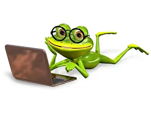 Curiosity Prints: 3d illustration merry green frog with notebook