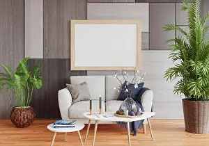 Stool Prints: 3D illustration, Mockup photo frame on the wall of living room