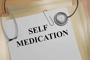 Remedy Prints: 3D illustration of 'SELF MEDICATION' title on medical documents