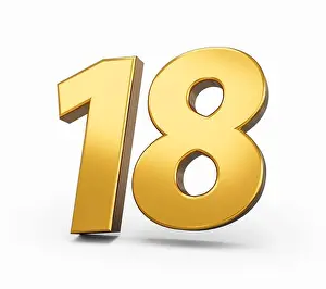 Eighteen Prints: A 3d illustration of a shiny gold number eighteen isolated on the white background