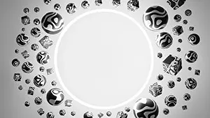 Colorless Prints: 3D illustration of shiny round frame surrounded by spheres