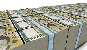 Paying Prints: 3D illustration of South Korean won bills stacks background