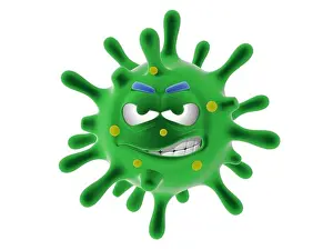 3d illustration of a virus cartoon of a disease with an angry and aggressive face. Image floating on white background