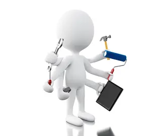 Screwdriver Prints: 3d illustration. White people with six arms holding tools