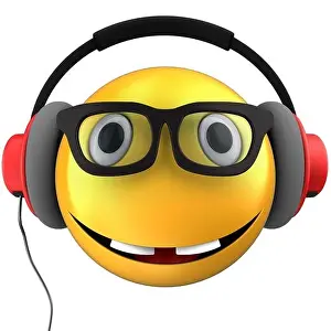 Extended Prints: 3d illustration of yellow emoticon smile with red headphones over white background