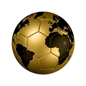 Digitally Prints: 3D isolated gold soccer ball with world map
